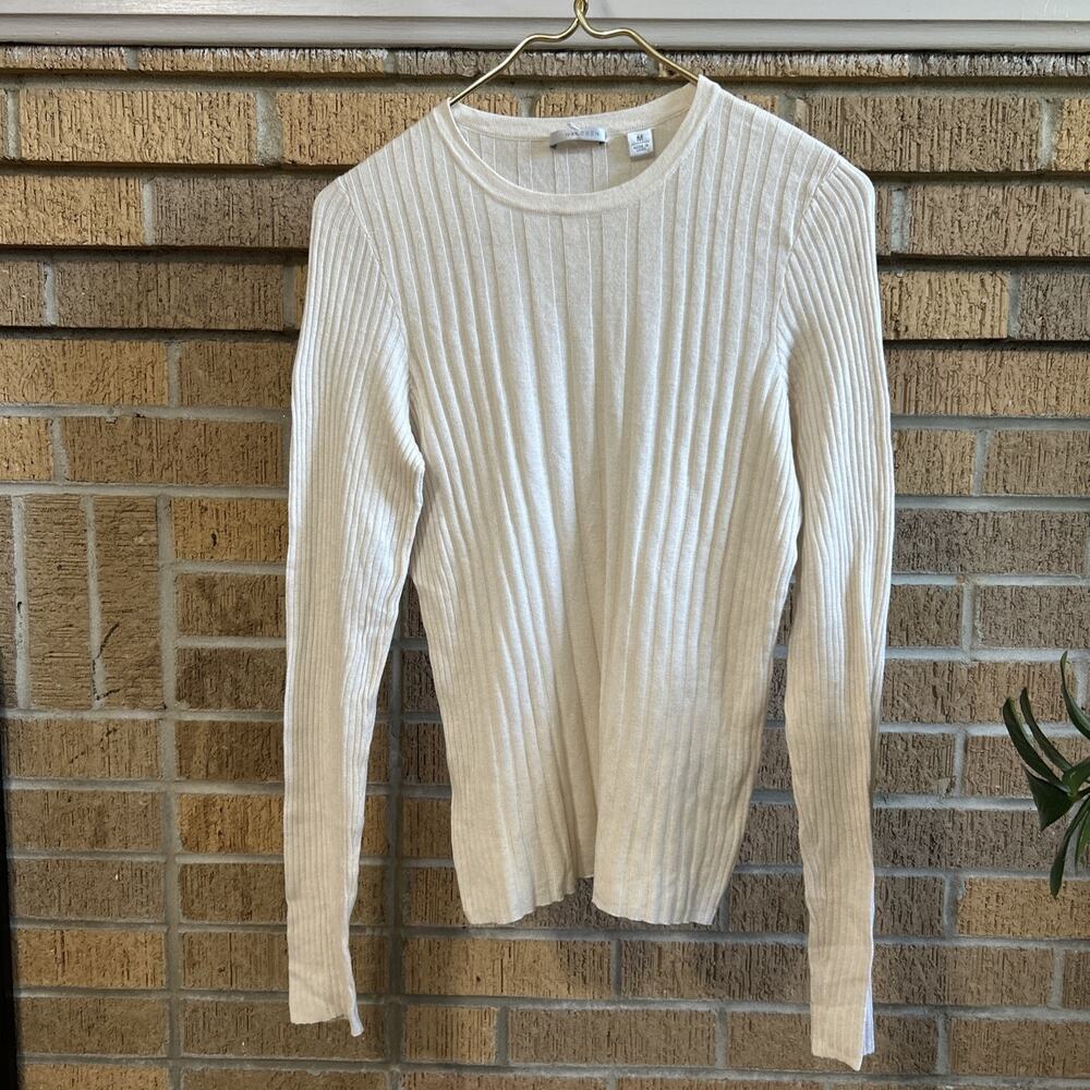 VTG Halogen Silk Cashmere Sweater Womens M Beige Ribbed Knit Crew Neck Quiet Lux